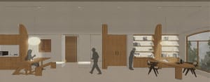 A modern residential kitchen with wooden furniture and shelving.