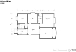 Original floor plan of a residential building with bedrooms, living room, kitchen, dining area, and bathroom.
