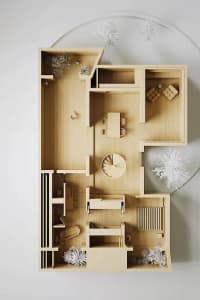 Minimalist residential floor plan featuring wooden materials and open spaces.
