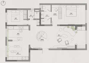 Floor plan of a modern apartment with neutral tones, featuring a living room, dining room, kitchen, two bedrooms, two bathroo