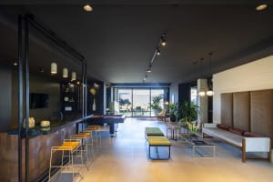 Modern living room featuring a concrete bar, stylish furniture, and plants.