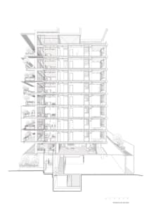 A detailed cross-sectional view of a multi-story residential apartment building.