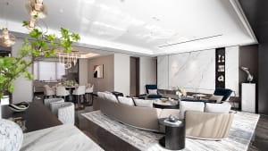 Modern living room featuring marble white surfaces, contemporary furniture, and minimalist decor.