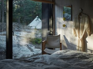 A cozy bedroom with a comfortable bed, a chair, and a robe hanging on the wall, overlooking a rocky landscape with a tent in 