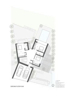 Modern house ground plan with concrete and minimalist design features.