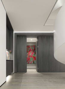 Modern residential corridor with wooden floors and walls.
