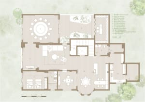 1-level architectural floor plan showing living spaces, layout with a winter garden