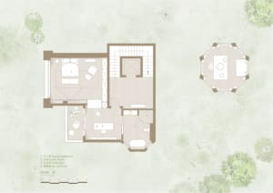 A minimalist floor plan rendered in 3D, depicting a residential layout with modern design elements.