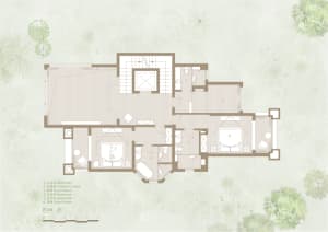 A modern floor plan with a white aesthetic, featuring a living room, kitchen, and bedrooms.