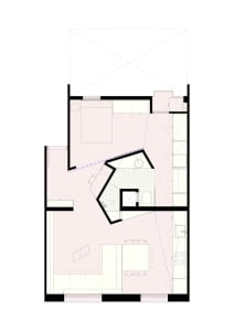 A minimalist apartment with neutral tones featuring an open concept layout.