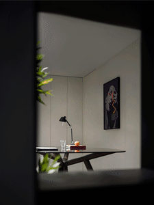 A minimalist living space featuring a glass and metal table with a lamp, books, and a plant.