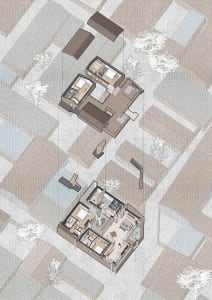 A detailed 2D architectural drawing of a modern residential building, showcasing contemporary design elements such as open-co