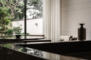 Modern kitchen with glass and marble finishes