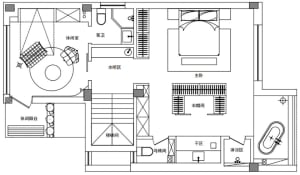 Detailed 2D architectural drawing of a modern single-family home floor plan, featuring living areas, bedrooms, bathrooms, and