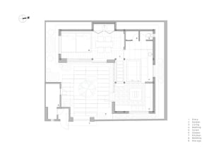 A 2D architectural plan of a modern residential apartment featuring concrete, glass, and steel materials.