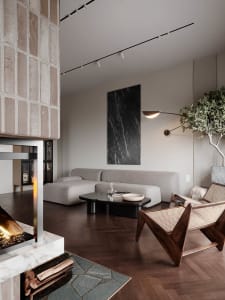 A modern living room with concrete and brick walls, marble coffee table, and minimalist furniture.