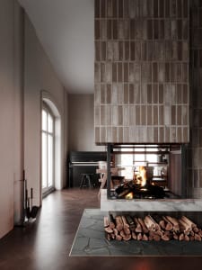 A modern living room with a brick fireplace, concrete floor, and marble accents.