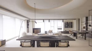 Modern living room with wooden furniture and concrete surfaces