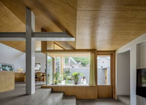 A modern house with wooden interior design featuring a garden view.