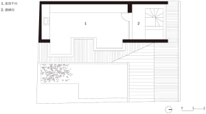 Black and white architectural drawing of a modern staircase floor plan.