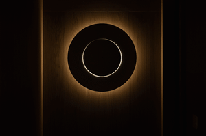 Circular light fixture mounted on a wooden wall panel with illuminated perimeter