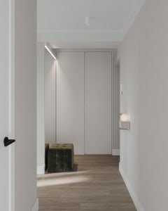 Modern hallway with white painted walls and wooden flooring, featuring minimalist design elements.