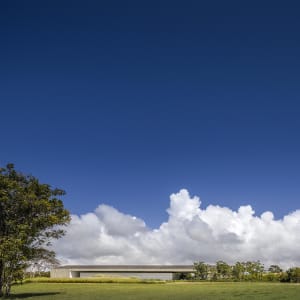 A modern building with a concrete facade surrounded by lush greenery and a clear blue sky.