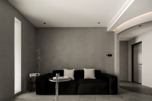 Modern minimalist living room with concrete walls and black furniture.