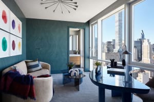 A modern residential interior featuring neutral tones and a calming, minimalist design.