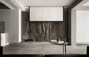 Modern living room featuring a concrete and metal interior design