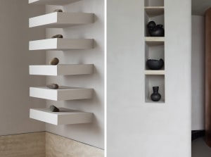 Concrete shelving unit in a modern architectural design.