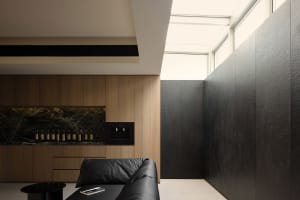 A modern living room featuring wood-paneled walls and black marble accents.