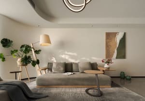 A modern minimalist living room with neutral tones, featuring a grey sofa, wooden side table, and natural light from plants a