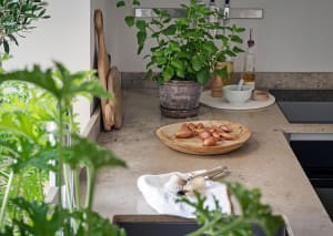 Photograph of a modern kitchen featuring marble countertops with plants, bowls, and cooking utensils.