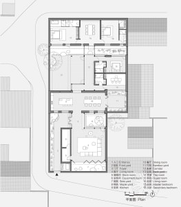 Floor plan of a modern residential layout showing various rooms and spaces.