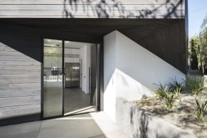 Modern exterior residential entrance with a glass door and wood-coated wall.
