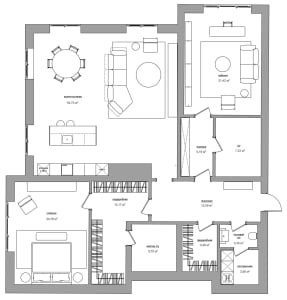 A detailed architectural floor-plan layout of a modern residential flat