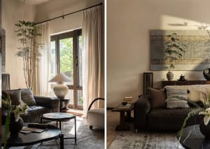 A living room featuring fabric curtains, glass doors, and wooden furniture.