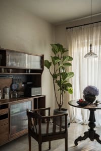 A modern living room featuring a large potted plant, wooden furniture, and a wooden cabinet with glass panels.