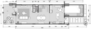Modern House Plan with garden, living room, dining area, kitchen, bar, laundry room, and bedrooms.