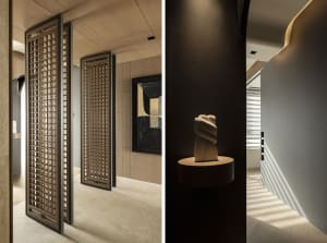 Modern interior design featuring wooden hallway and corridor, showcasing contemporary design elements and materials.