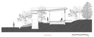 A modern exterior architectural section diagram showing a steel and concrete structure with a roof overhang and people sittin