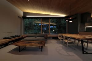 Modern minimalist living room featuring a sofa, coffee table, and dining table with wood finishes.