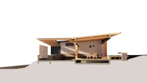 Modern open-plan living space with concrete, glass, and wooden elements.