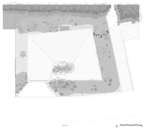A roof plan featuring a wooden structure with a slanted roof.