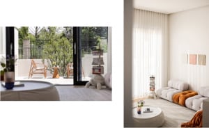 A minimalist living room featuring white materials, including a white sofa and white curtains, with a terracotta cushion and 