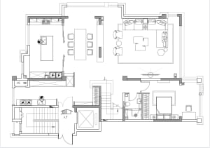 Detailed architectural rendering of a modern building interior showing spacious rooms and open spaces.