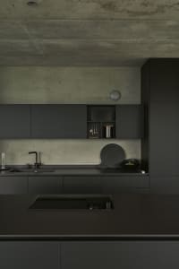 Contemporary kitchen with metallic finishes and black cabinets.