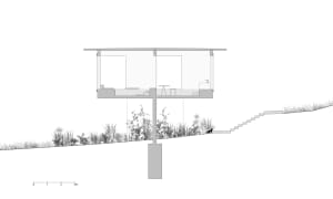 Architecture drawing of a modern indoor space with glass walls.