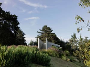 A modern landscape featuring concrete structures surrounded by greenery and trees.